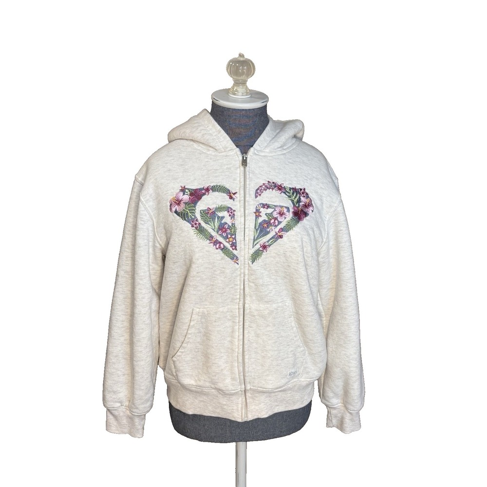 ROXY Girl Embroidered Sherpa Hoodie Size Youth Large 14/16 Zip Surf Logo Floral